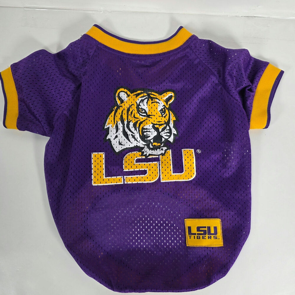 Medium Dog LSU Jersey Purple Mesh T-Shirt Tiger Head Graphic & LSU Spellouts